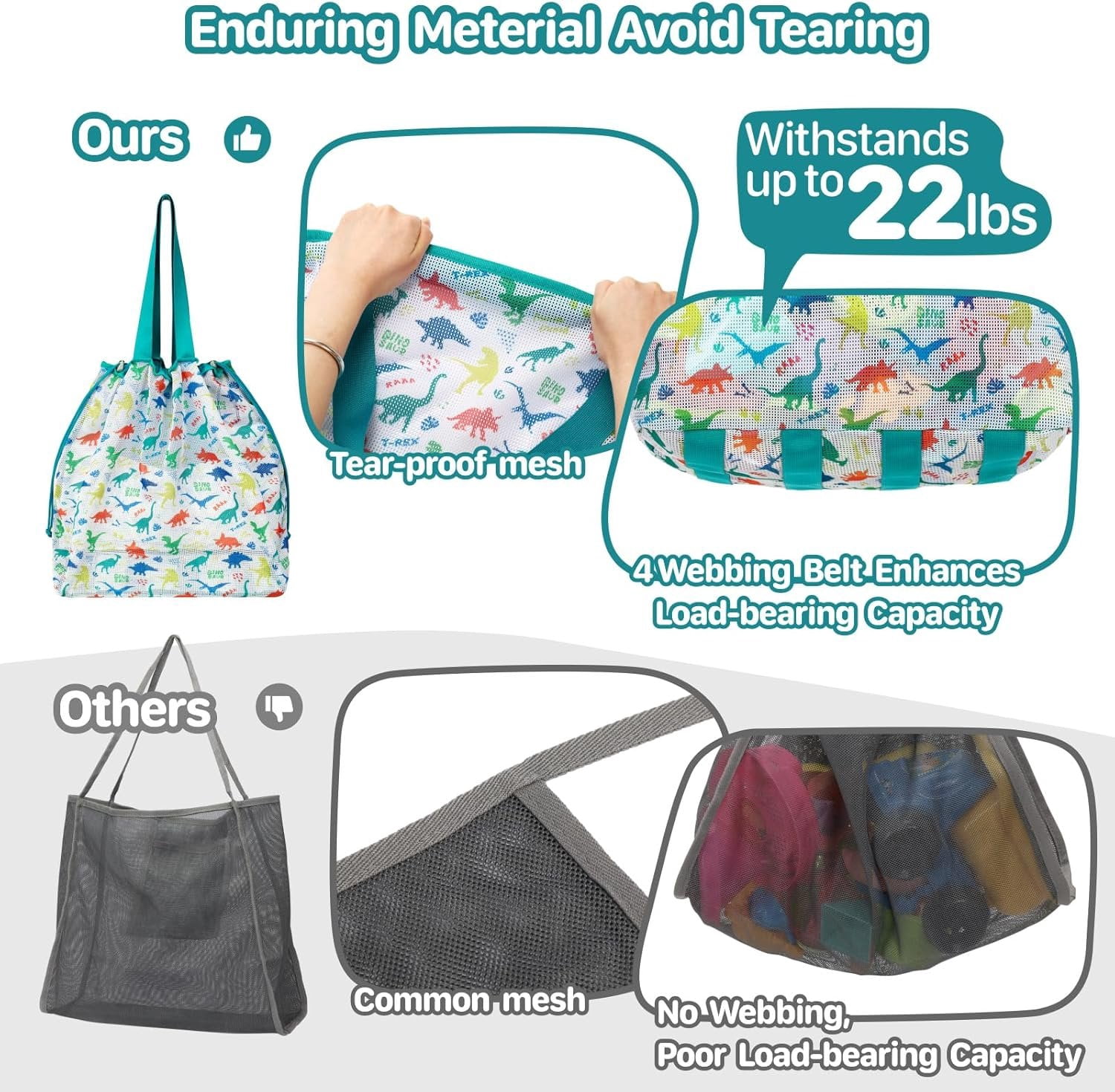Beach  Bag with Drawstring - Lightweight Mesh Tote Bag for Sand Toys, Beach Swinmming Pool Essentials, Dino Green