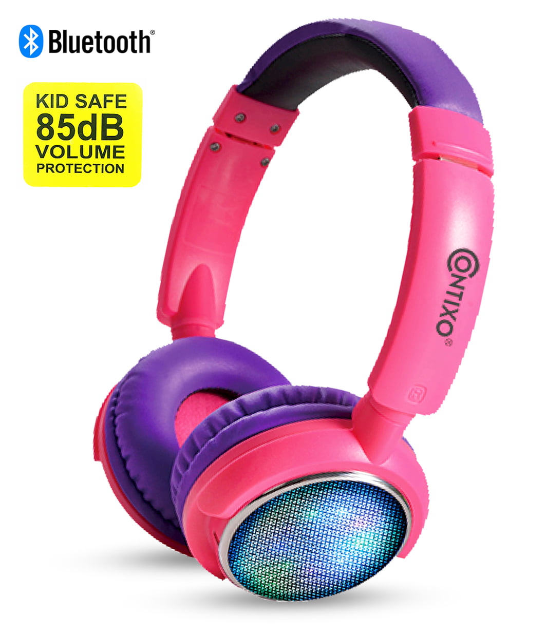 Contixo Kids Safe Stereo Bluetooth Headphones with Volume Limiter Built in Colorful LED Lights, Microphone, FM Radio, MicroSD Card Player, 3.5mm Cable Music Streaming (Pink)