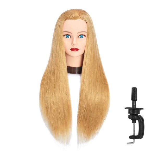 Headfix Cabeza de maniquí de pelo largo de 26 a 28 pulgadas, fibra sintética, peluquería, práctica de peinado, cabeza de entrenamiento, maniquí de cosmetología, cabeza de muñeca con abrazadera (6F1919