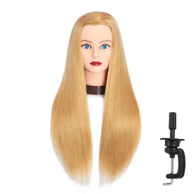 Headfix Cabeza de maniquí de pelo largo de 26 a 28 pulgadas, fibra sintética, peluquería, práctica de peinado, cabeza de entrenamiento, maniquí de cosmetología, cabeza de muñeca con abrazadera (6F1919