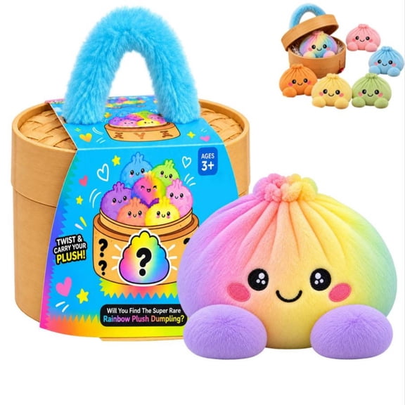 Mystery Rainbow Dumpling Plush Squishy Toy, Cute Stuffed Dumpling Stress Relief Toy with Steamer Basket, Soft Squeeze Toy