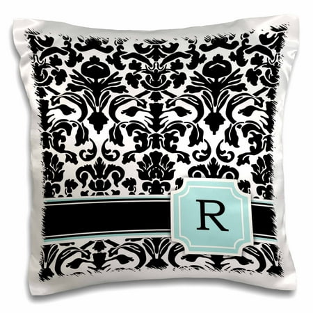 Personalized Monogrammed Pillowcase 3dRose Letter R personal monogrammed mint blue black and white damask pattern - classy personalized initial - Pillow Case, 16 by 16-inch ()