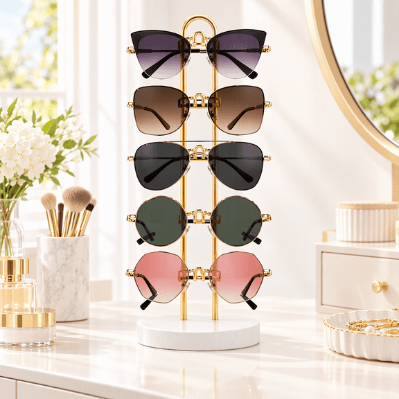 Sun Glasses Holder, Metal Frame with Wood Base, Holds 5 Pairs, 1 Pack, Glasses Display and Glasses Holder for Nightstand, Bedroom Dresser