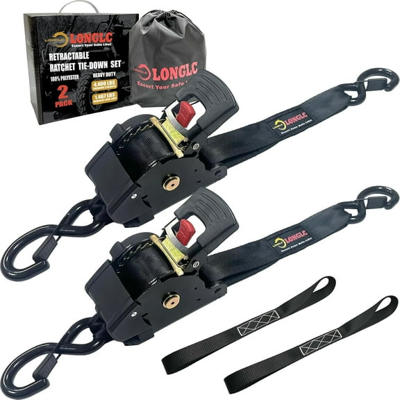 Retractable Ratchet Straps Heavy Duty, 1.73" x10' 2Pack Black, 4,400LBS Breaking Strength, Best for Cargo, Truck, Bicycle, Motorcycle with Storage Bag