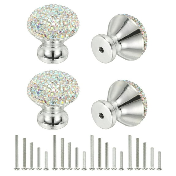 Uxcell Drawer Knobs,4Pcs 1.1 Inch (28mm)Diameter Bling Diamond Decoration Cabinet Knob, Round Rhinestones Pull Handle with Screws for Home, Office, Kitchen (White Base AB Diamond)