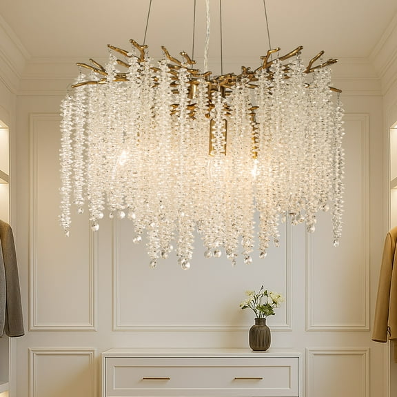 20'' Modern Glam Crystal Chandelier Antique Brass Branch Style 4-Light Pendant Ceiling Light for Dining Room Bedroom Living Room Entryway
