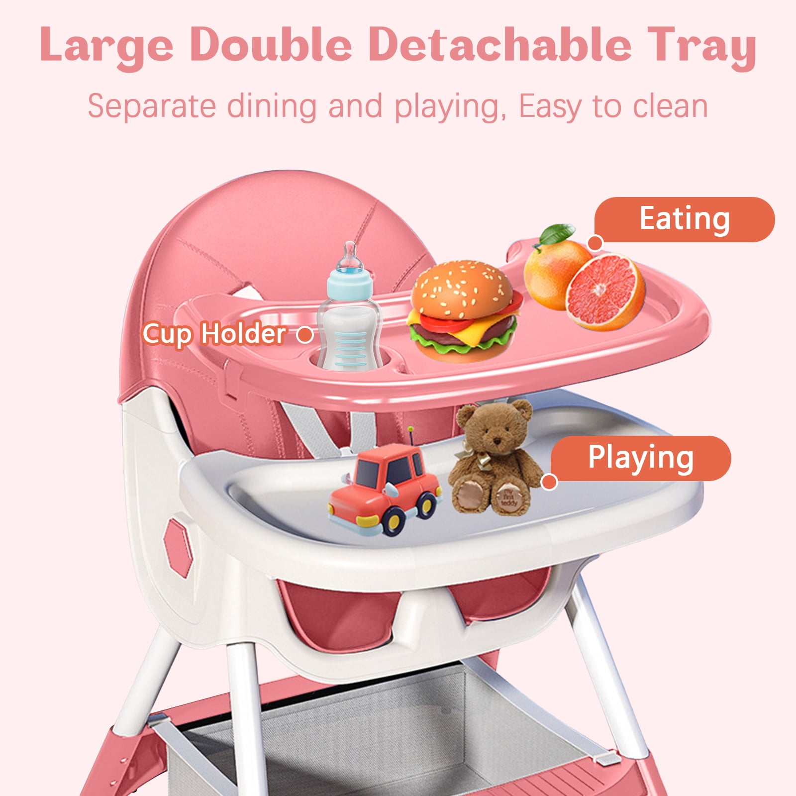 HAOUUCYIN 4-in-1 Baby High Chair, Portable Dining Chairs Eat & Play with Double-Layer Dinner Plate and Toy Rack, for 0-36 Months, Pink