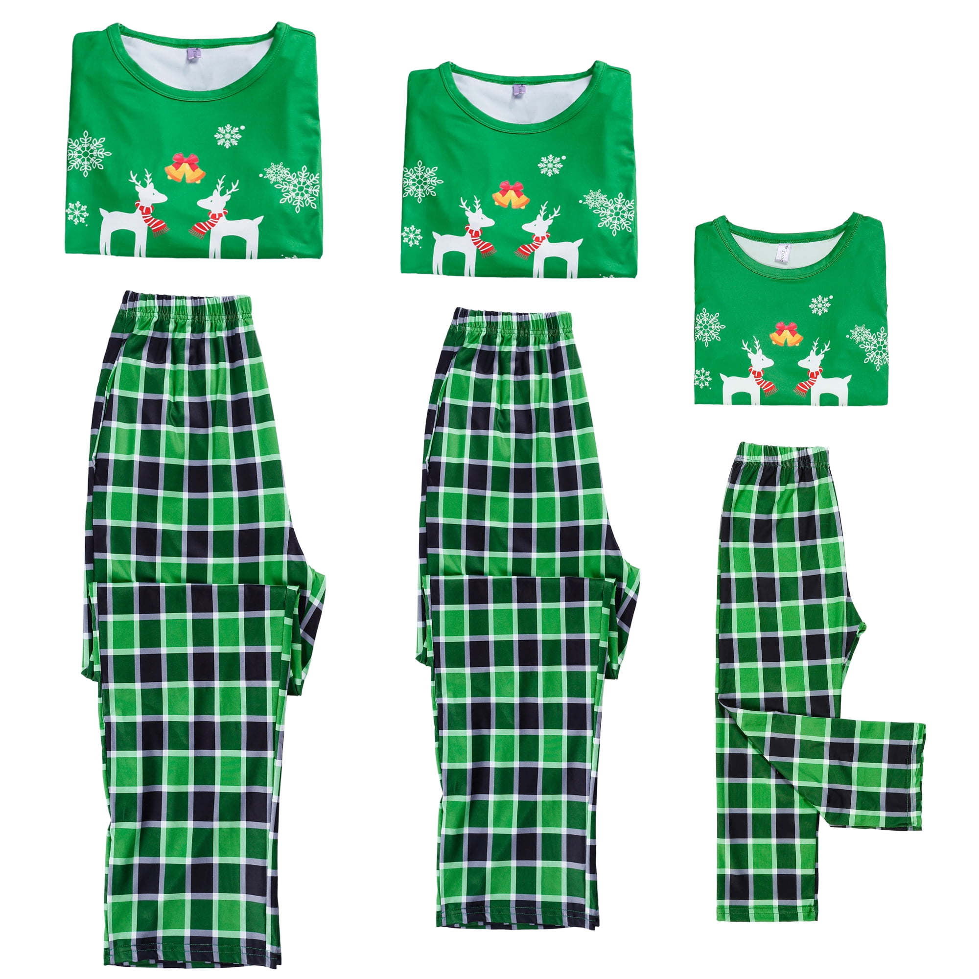 DARING DIVA Christmas Elk Printed Plaid Family Pajama Long Sleeve Tops with Pants Set XS Teen Green