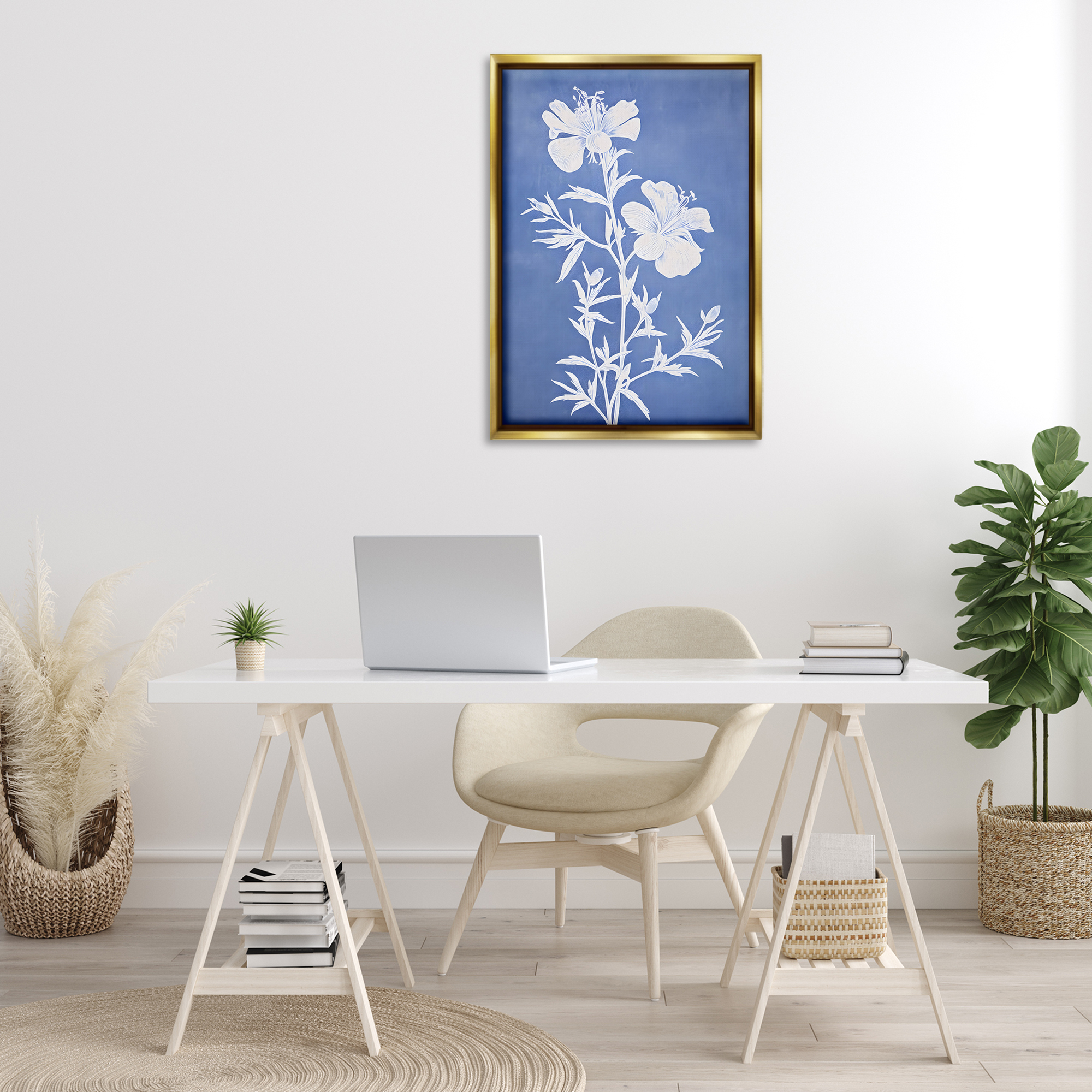 Stupell Industries Blue Cerulean Florals Botanical & Floral Painting Gold Floater Framed Art Print Wall Art, 21 x 31