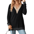 thumbnail image 2 of Blusas de Otoño para Mujer, con Escote en V, Encaje, Larga, Holgadas, con Ribete de Bloques de Color, Moda 2025 Negro S, 2 of 10