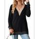 thumbnail image 2 of Blusas de Otoño para Mujer, con Escote en V, Encaje, Larga, Holgadas, con Ribete de Bloques de Color, Moda 2025 Negro S, 2 of 10