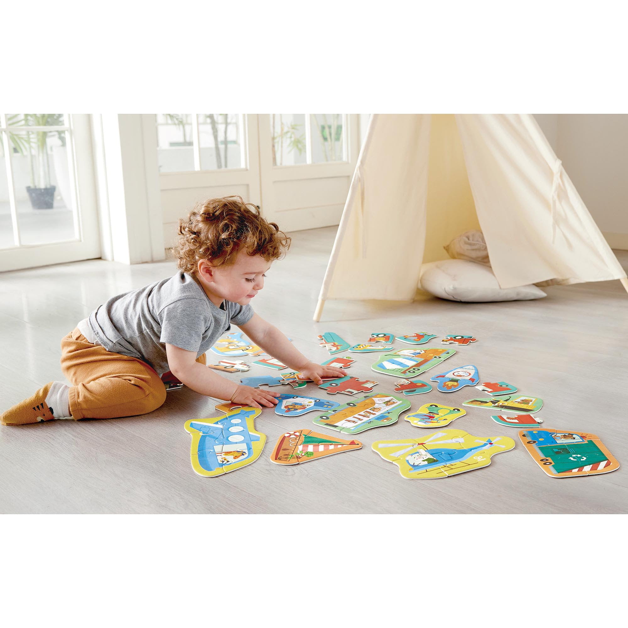 Hape: Wheels & Wonders Puzzle - 15 Mini Vehicle Shaped Puzzles, 2-6 Oversized Pieces Each, Animal & Transportation Themed, Toddlers & Kids Ages 18mo+
