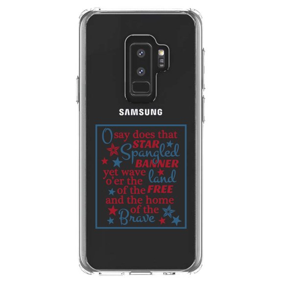 DistinctInk Clear Shockproof Hybrid Case for Samsung Galaxy S9  PLUS (6.2" Screen) - TPU Bumper Acrylic Back Tempered Glass Screen Protector - Star Spangled Banner Word Art