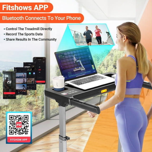 ADNOOM 300 LBS Capacity Treadmill with Desk — 2.5 HP Portable Folding Treadmill for Home, Running Machine with Incline & App, Bluetooth Speakers, LED Monitor and 64 Preset Programs for Home(Gray)