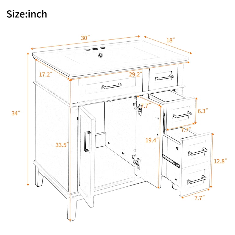 30” Bathroom Vanity With Ceramic Sink – Navy Blue, Soft-Close Doors, Deep Drawer, MDF & Solid Wood, For Small Bathrooms