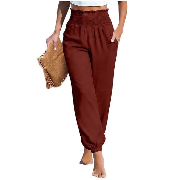 Khunlpohl Elastic High Waist Pant for Womens Cotton Linen Solid Color Joggers Pants Casual Fashion Loose Trousers with Pockets