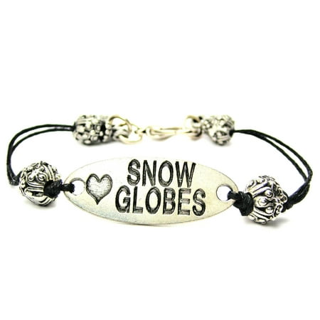 - Love Snow Globes Pewter Plate, Waxed Black Cord Beaded Bracelet
