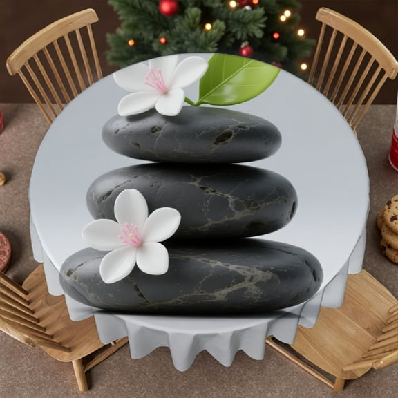 Stones with Magnolia Blossoms Nature Floral tablecloths for round tables, 2D Flat Printing - Machine-Made Family Round Tablecloth, Cafe, dinner, brunch, buffet, picnic, 60x60 Inch