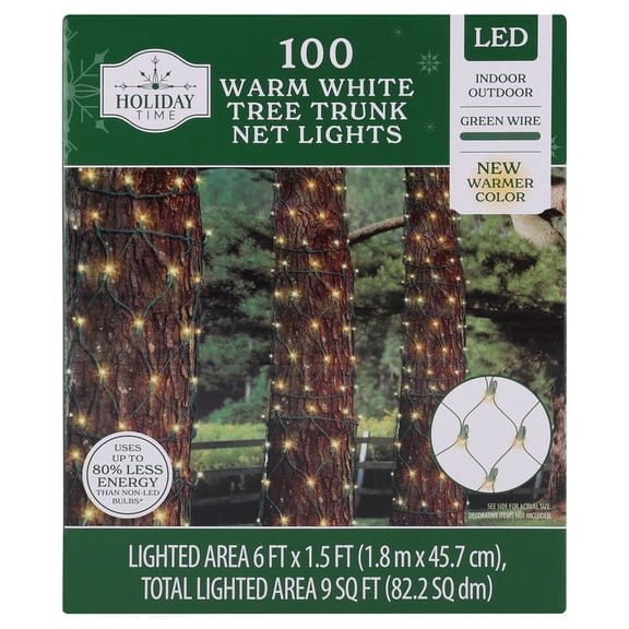 Indoor/Outdoor 100-Count LED Tree Trunk Christmas Net Lights, Warm White, Green Wire, 6' x 1.5', by Holiday Time