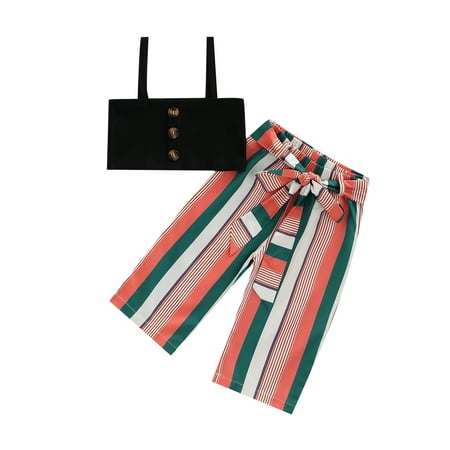

Bagilaanoe 2pcs Toddler Baby Girl Long Pants Set Sling Tank Tops + Stripe Wide-Leg Trousers 6M 12M 18M 24M 3T 4T Casual Summer Outfits