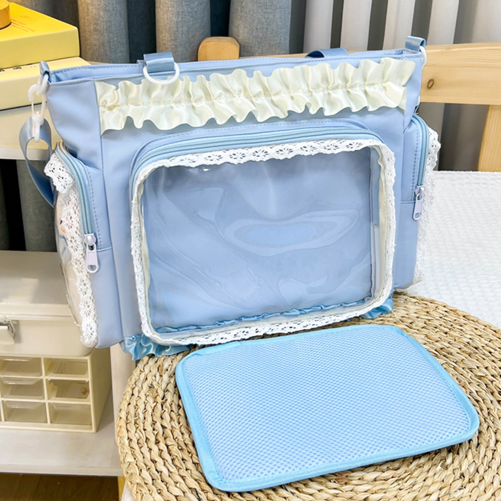 Women Transparent Square Ita Bag with Pin Display DIY Badge Crossbody Bag W/ Zipper & Pendant for Shopping Travel Work Daily Use (Blue)