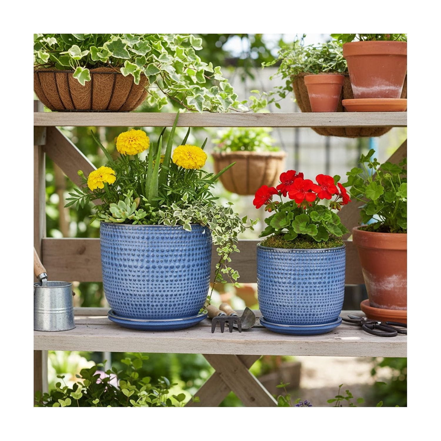 Decorative Ceramic Flower Pots Planters with Saucer - Stylish Modern Indoor and Outdoor Plant Pots for Home Decor - Pots for Plants for Living Room, Patio Plant Stand - Set of 2, 7", 6", Blue