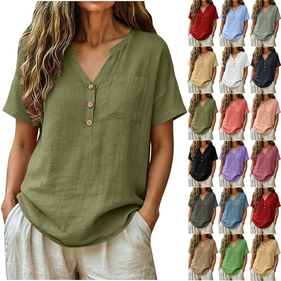 Summer Womens Tops 2025 Cotton and Linen Plus Size Casual Tops V-Neck Bandage Short Sleeve T-Shirts And Linen Blouse