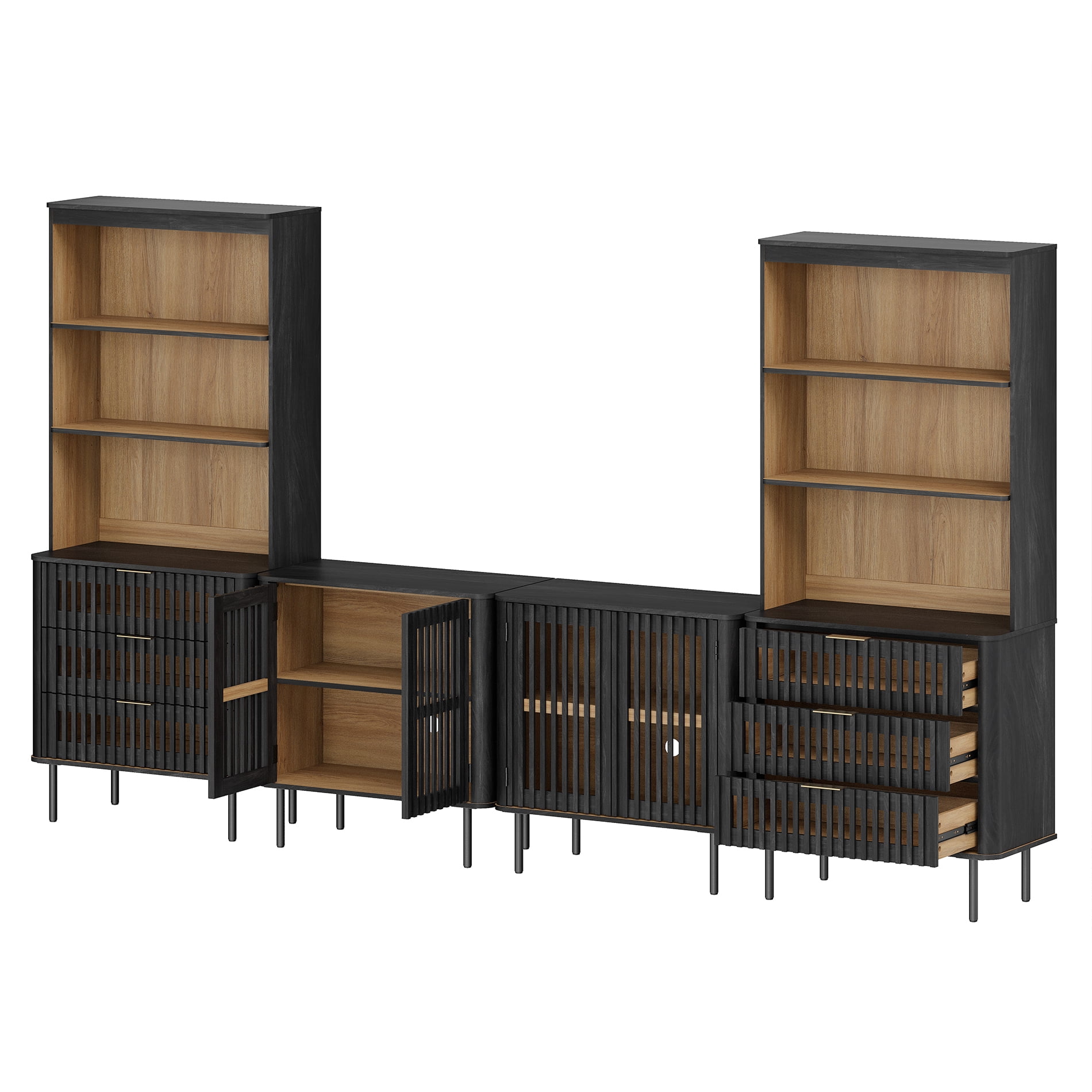 WAMPAT 72.8" Tall Bookshelf with Doors and Drawers, Modern Bookcase with Storage, Adjustable Shelves, Wood Storage Cabinet, Black