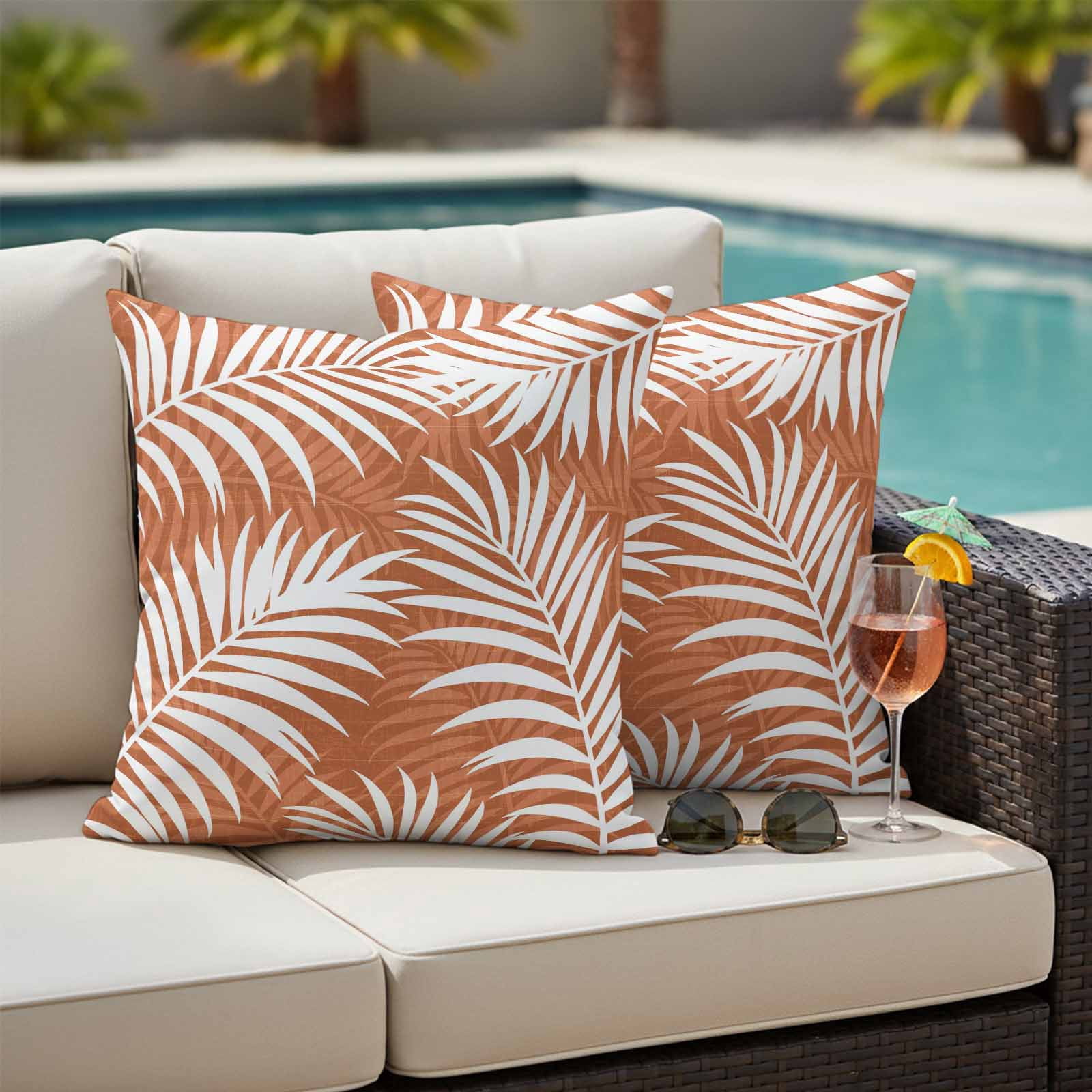 Outdoor Waterproof Throw Pillow Covers Set of 2 Summer Palm Leaves Decorative Pillowcases Square Outdoor Pillows Cushion Case 18x18 Inch Orange Tropical Leaf Plant Patio Pillows for Couch Sofa Bed