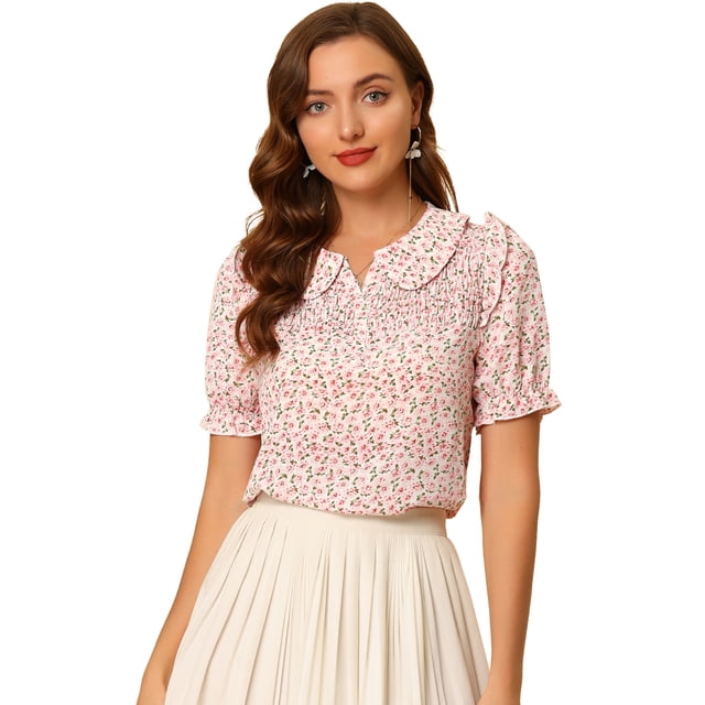 INSPIRE CHIC Blusa De Manga Corta Con Volantes Y Cuello Peter Pan Floral Para Mujer Blanco S
