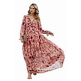 thumbnail image 3 of Women'S Boho Maxi Dress V Neck Puff Long Sleeve Ruffle A-Line Split Swing Chiffon Dresses, 3 of 8