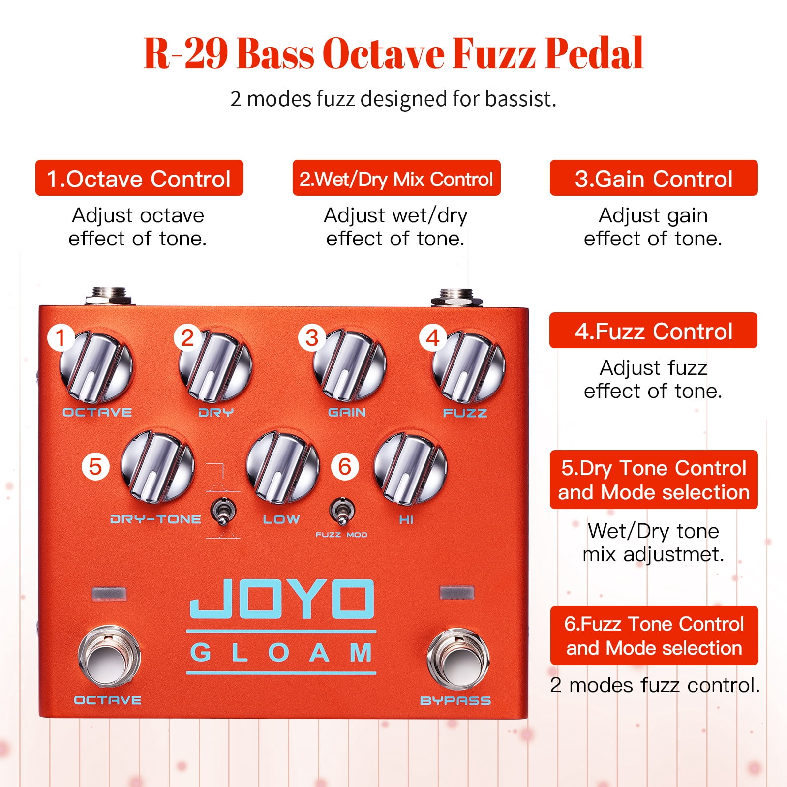 JOYO R-29 Bass Tone Octave FUZZ Effects Pedal with Dry Wet Mixer Control Sync Mode