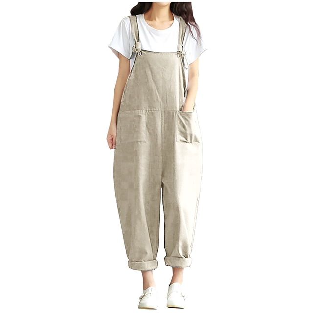 fartey Women Plus Size Cotton Linen Romper Casual Sleeveless Square Neck Relaxed Overalls Pockets Adjustable Strap Solid Color Rompers