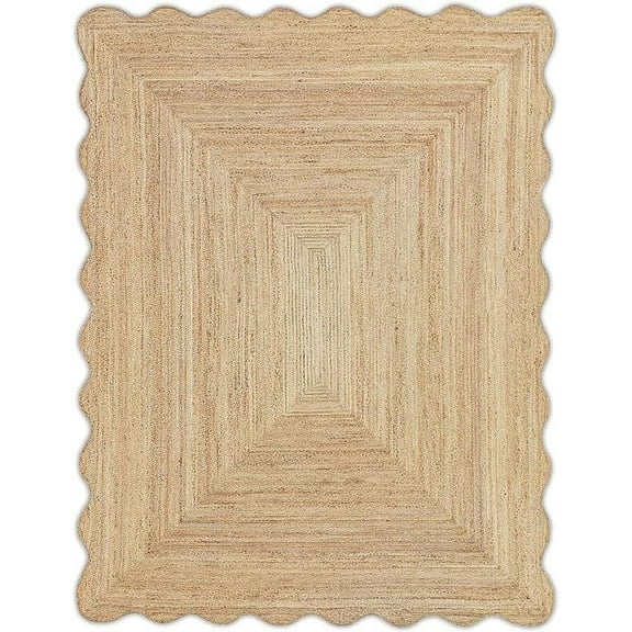 KLAVATE Natural Jute Wave Edge Hand Braided Scalloped Farmhouse Entryway Jute Rug
