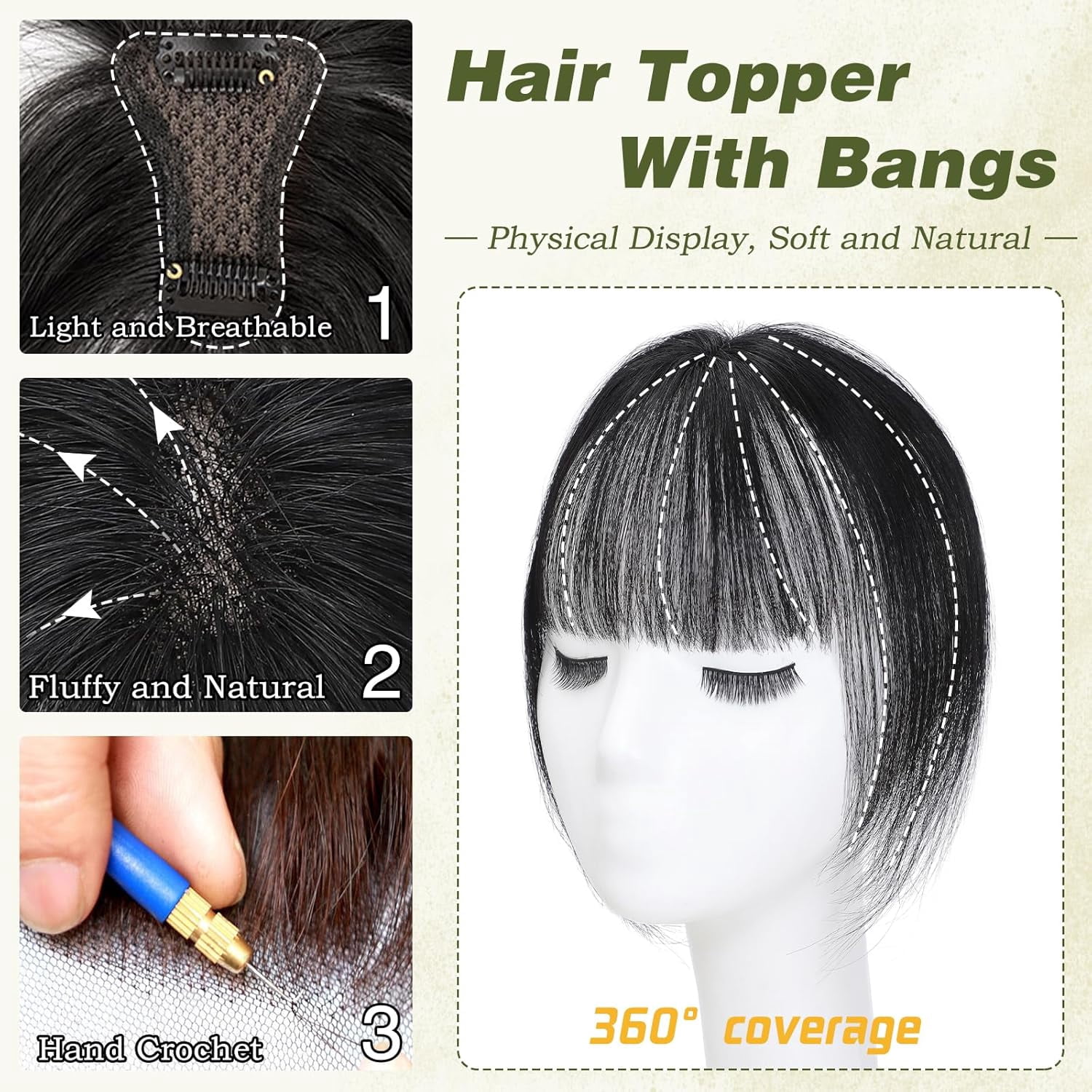 The Hair Clip 100% Real Human Hair Toppers 360°3D Cover Clip in Bangs Hair pieces Wispy Bangs for Women Hair Extensions Clip on French Bangs for Daily Wear