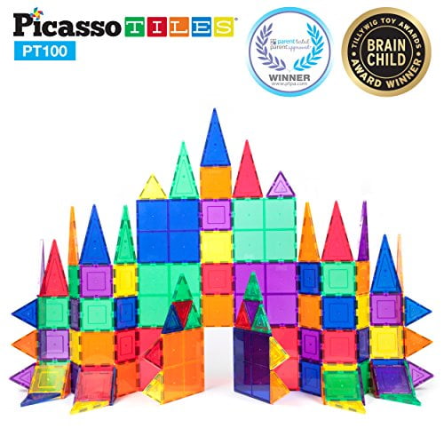 PicassoTiles 100 Piece Set 100pcs Magnet Building Tiles Clear Magnetic 3D Building Blocks Construction Playboards Creativity beyond Imagination Inspirational Recreational Educational Conventional Walm...