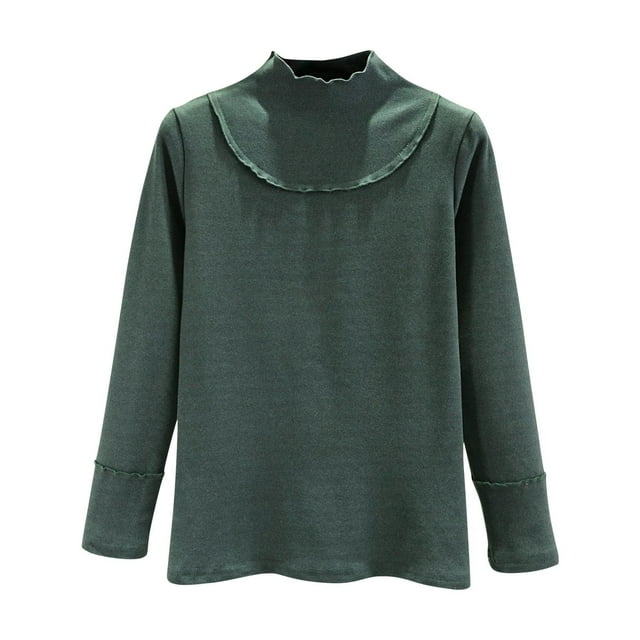 Lenpel Women's Thermal Shirts Long Sleeve Mock Neck Ruffle Trim Fleece Warm Base Layer Tops Fall Winter Basic Undershirts(Green,X-Large)