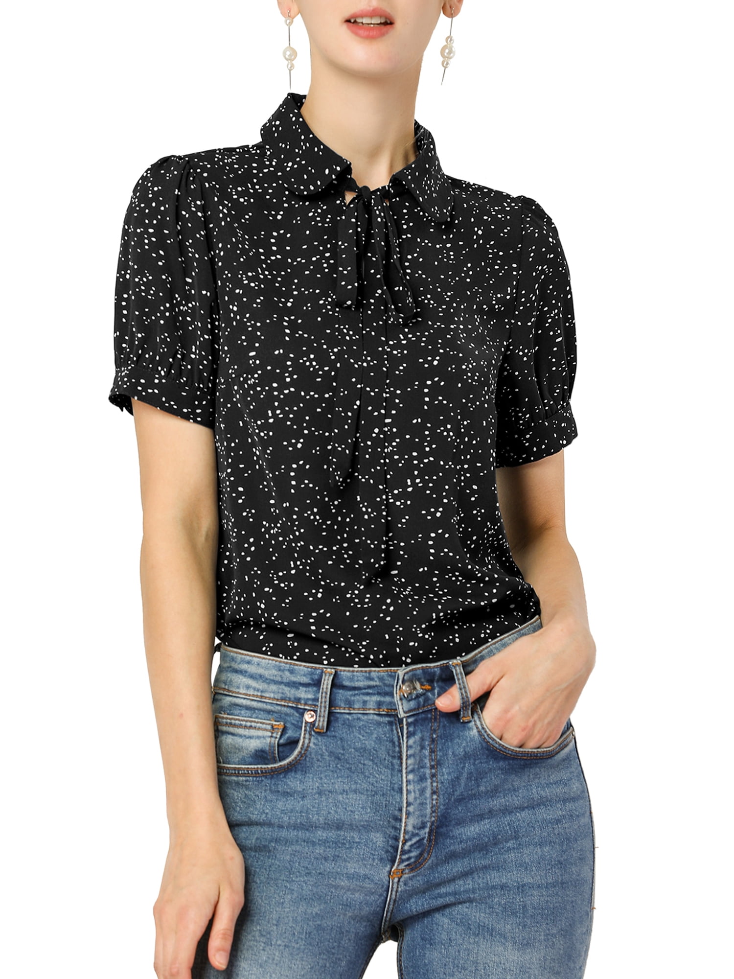 DARING DIVA Women's Polka Dots Tie Bow Chiffon Blouse XL Black-Dots