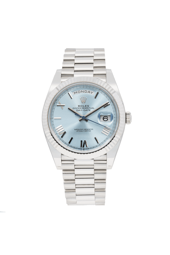 Pre-Owned ROLEX DAY-DATE 40 PRESIDENT PLATINUM ICE BLUE INDEX DIAL 228236 WITH PLATINUM PRESIDENT OYSTER BRACELET