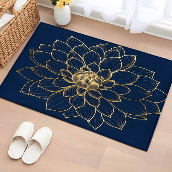 2x3 Ft Entryway Area Rug, Navy Blue Yellow Spring Floral Kitchen Rug Runner Washable Floor Mat, Chic Blossoms Botanical Non Slip Indoor Door Mat Throw Carpet for Bathroom Living Room Bedroom