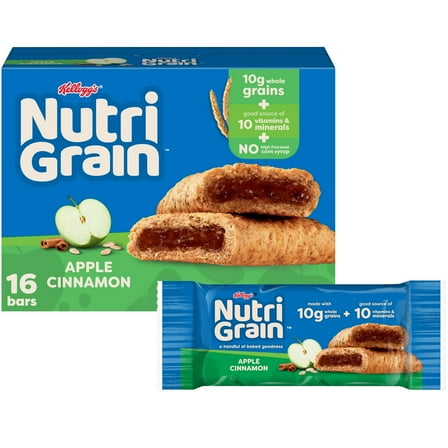 Nutri-Grain Breakfast Bars, Made with MDA05 10g Whole Grains, Snack Bars, Apple Cinnamon, 20.8oz Box (16 Count)