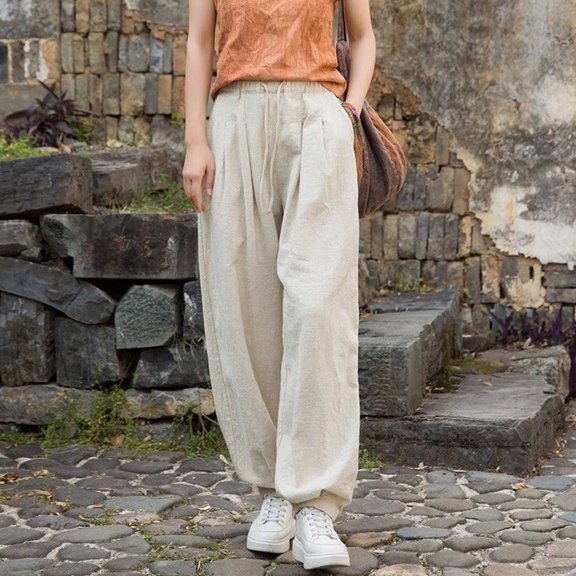 Sokhug Womens Lantern Pants Linen-Blend High Waisted Drawstring with Pockets Casual Elastic Waist Jogger Trousers