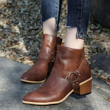 

YOTAMI Womens Boots Boots Pointed Shoes Winter Warm Casual Shoes Slip-on High Heel Fashion Boots Retro Brown