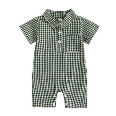 Gelikeya Baby Boy Clothes Gingham Short Sleeve Collared Romper Jumpsuit Plaid Button Down Bodysuit Summer Outfit (Green 3-6 Months)
