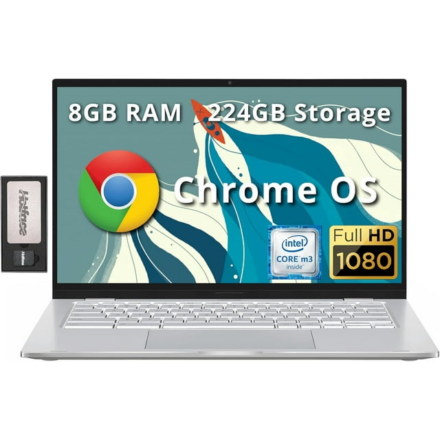 ASUS 14" FHD Chromebook Laptop, Intel M3-8100Y Processor, 8GB RAM, 224GB Storage (64GB SSD+ 160GB Docking Station Set), Intel HD Graphics, Backlit Keyboard, HD Webcam, Chrome OS, Silver