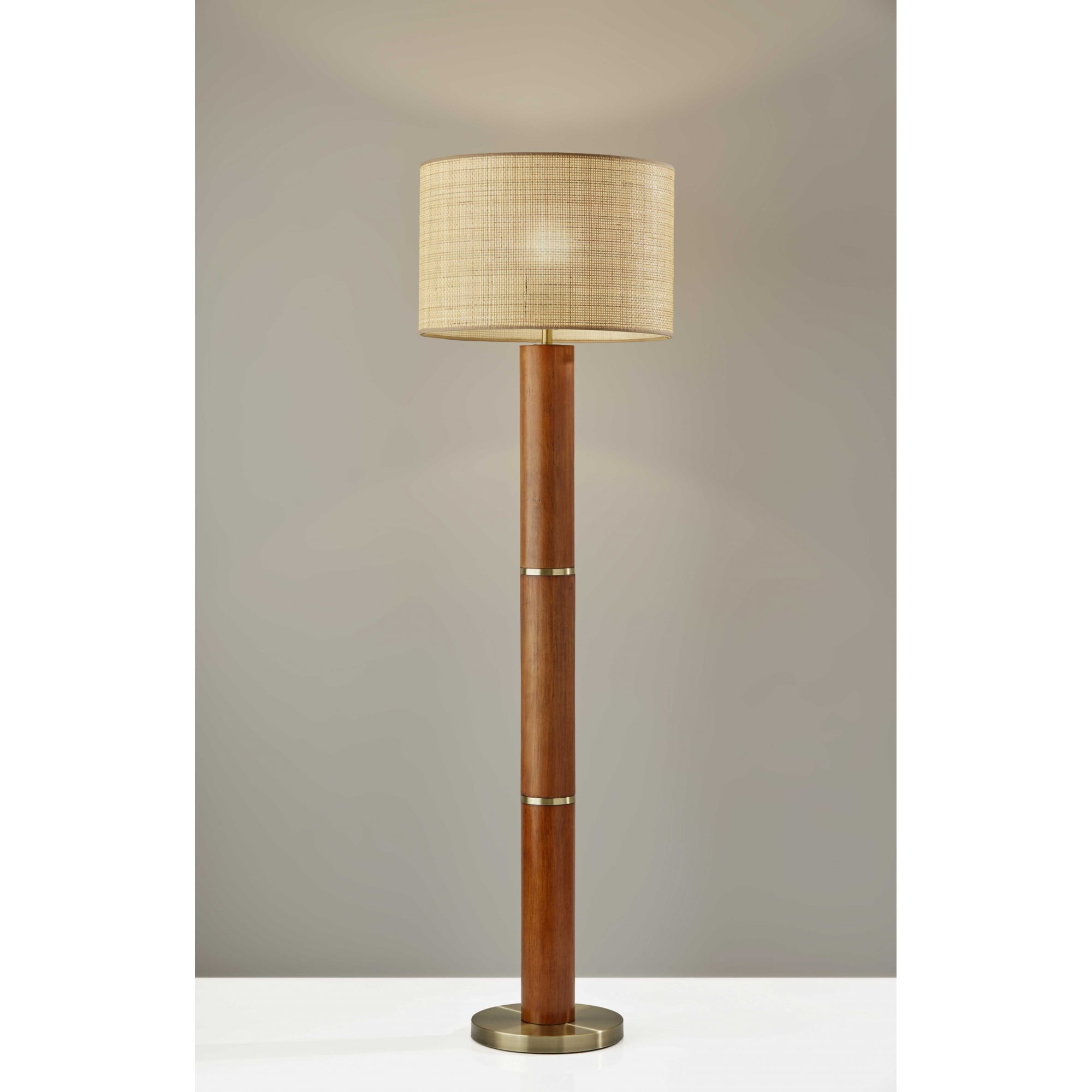 Walnut Wood Finish Floor Lamp Cylindrical Base with Antique Brass Accents and Woven Rattan Shade ...