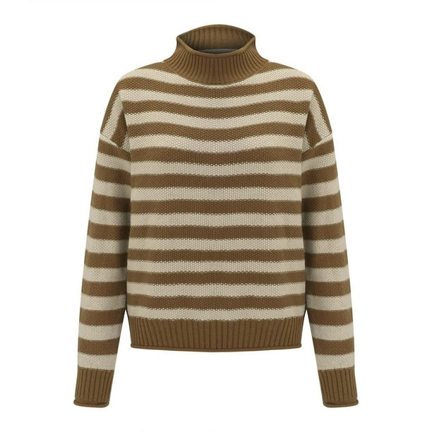 Suéteres Prolriy para mujer, suéter de cuello alto medio con contraste de rayas retro para mujer, suéter holgado informal de fondo, suéteres para mujer, tops para mujer beige