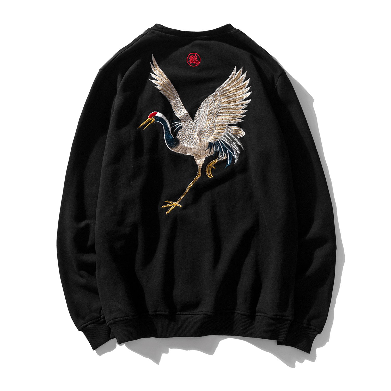Chinese Fashion Crane Embroidery Art Hoodie Black Cotton Chinese Button Pullover