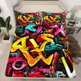 thumbnail image 3 of Homewish Cartoon Graffiti Twin Sheet Sets, Hip Hop Lover Twin Fitted Sheet, Teens Kids Boys Girls Flat Sheet, Luxury Bedroom Decor, 3 Pieces, 3 of 8