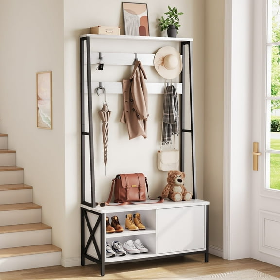 Vividwood Hall Tree with Bench, Shoe Storage, 6 Hooks, White, 31.5 in